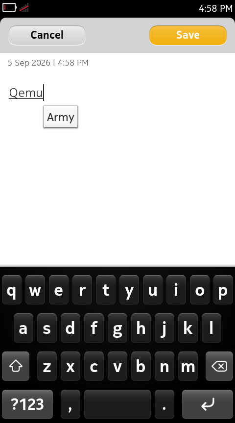 Original Notes and Maliit on-screen keyboard with Qemu diagnostic text
